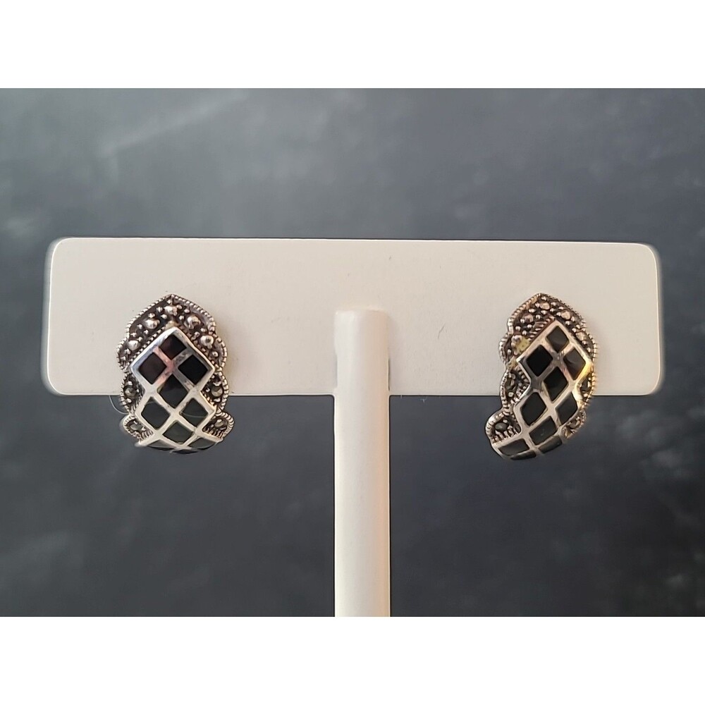 925 Sterling Silver Onyx & Marcasite Dangling Pierced Earrings Vintage READ